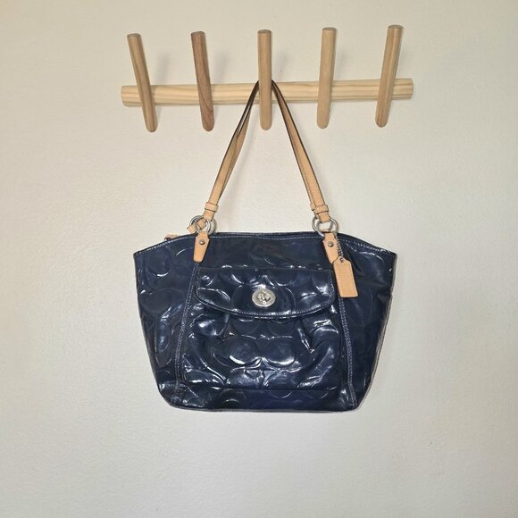 Coach Leah Embossed Patent Leather Tote Bag Navy Blue Tan Trim Turnlock Shoulder - Picture 3 of 16